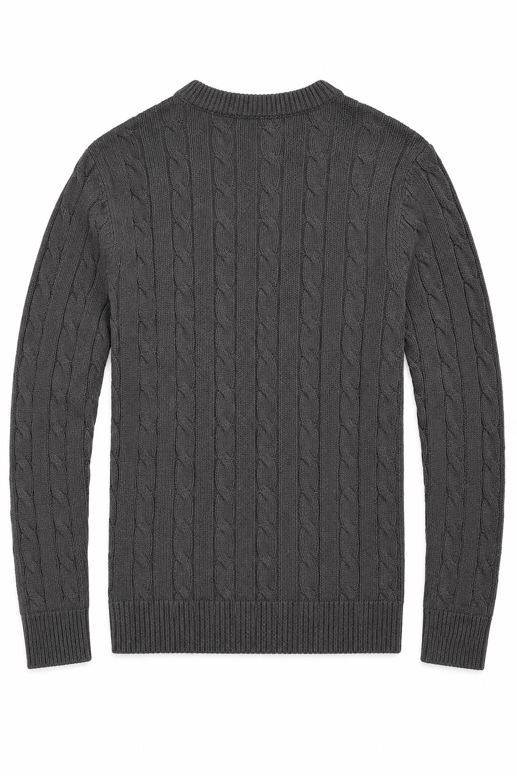 Men's Charcoal Grey 100% Cotton Fine Cable Knit Crew Neck Jumper