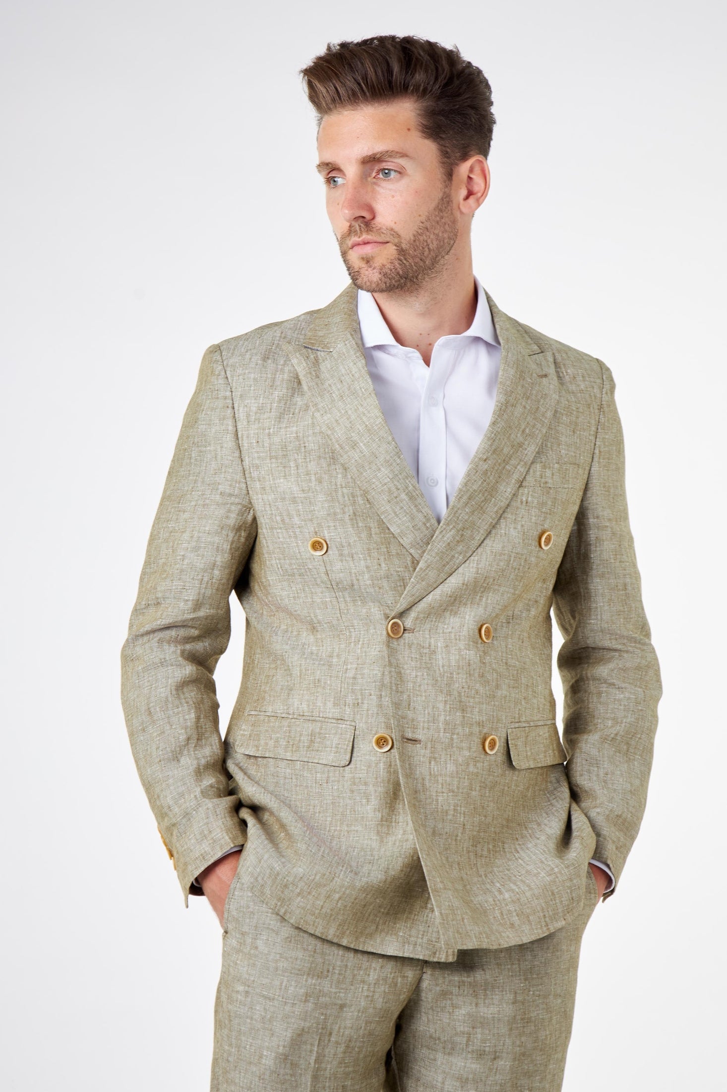 LEWIS - Tailored Fit Sage Green Linen Double Breasted Jacket