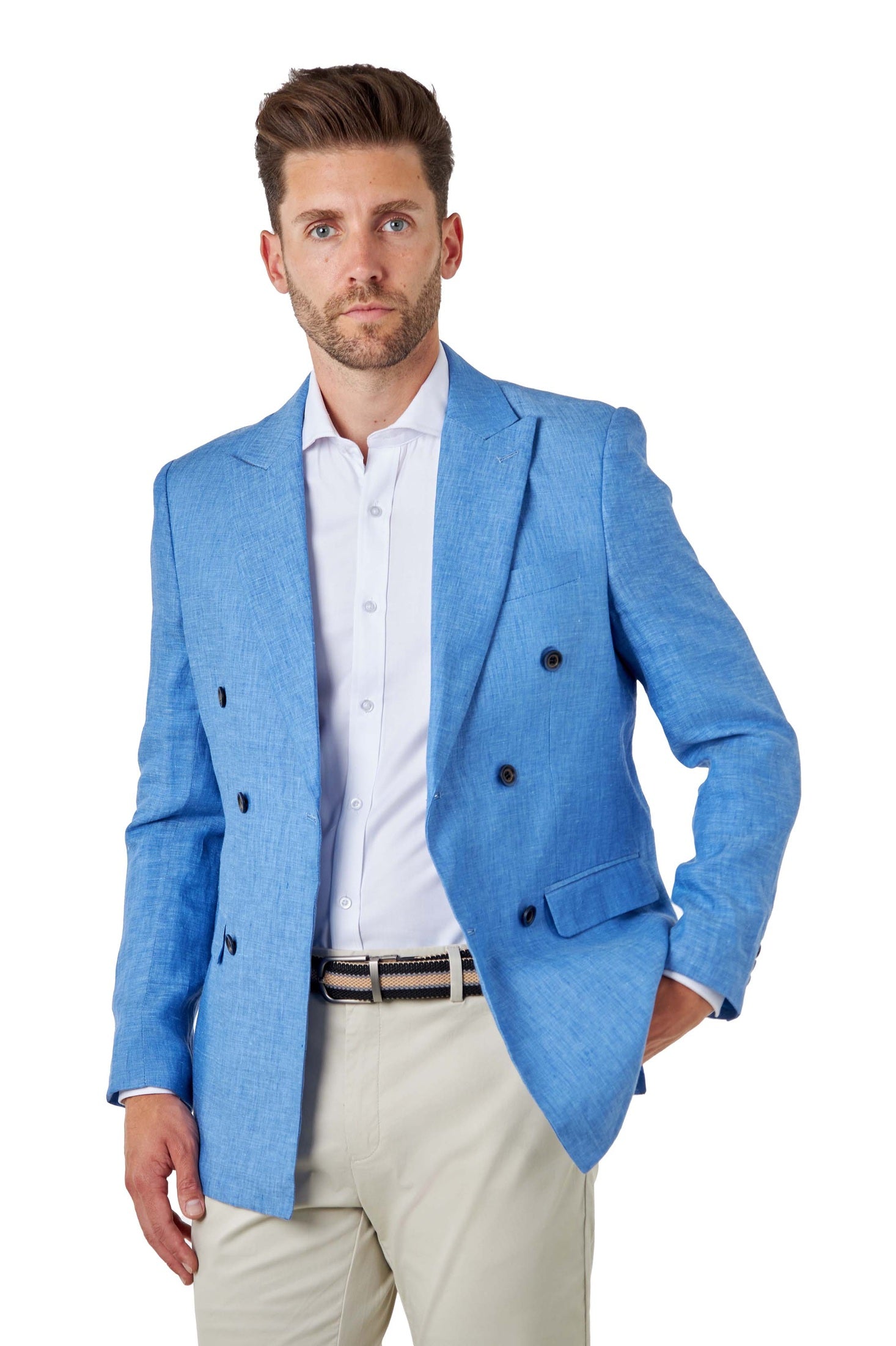 LEWIS - Tailored Fit Sky Blue Linen Double Breasted Suit Jacket