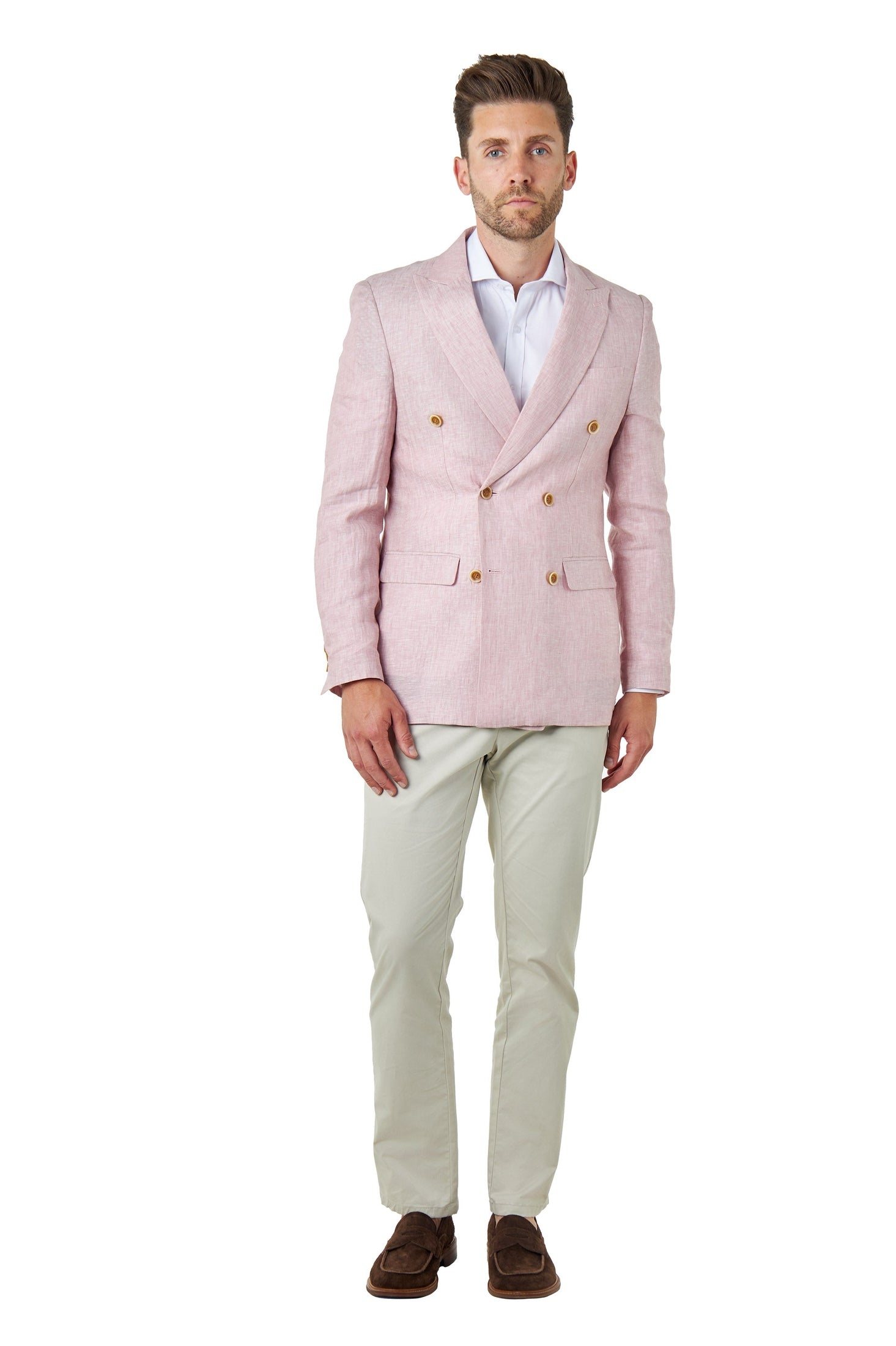 LEWIS - Tailored Fit Pink Linen Double Breasted Suit Jacket