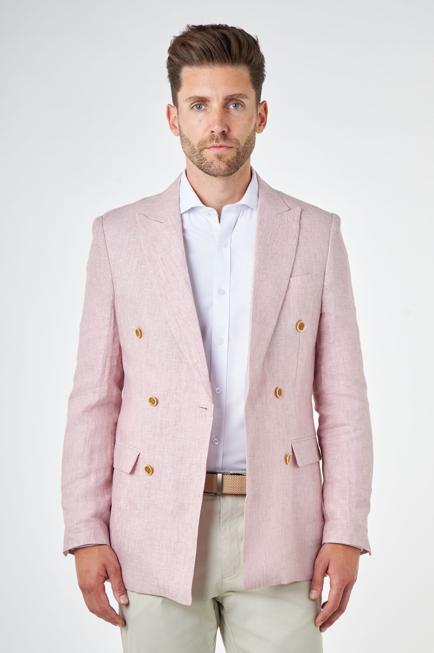 LEWIS - Tailored Fit Pink Linen Double Breasted Suit Jacket