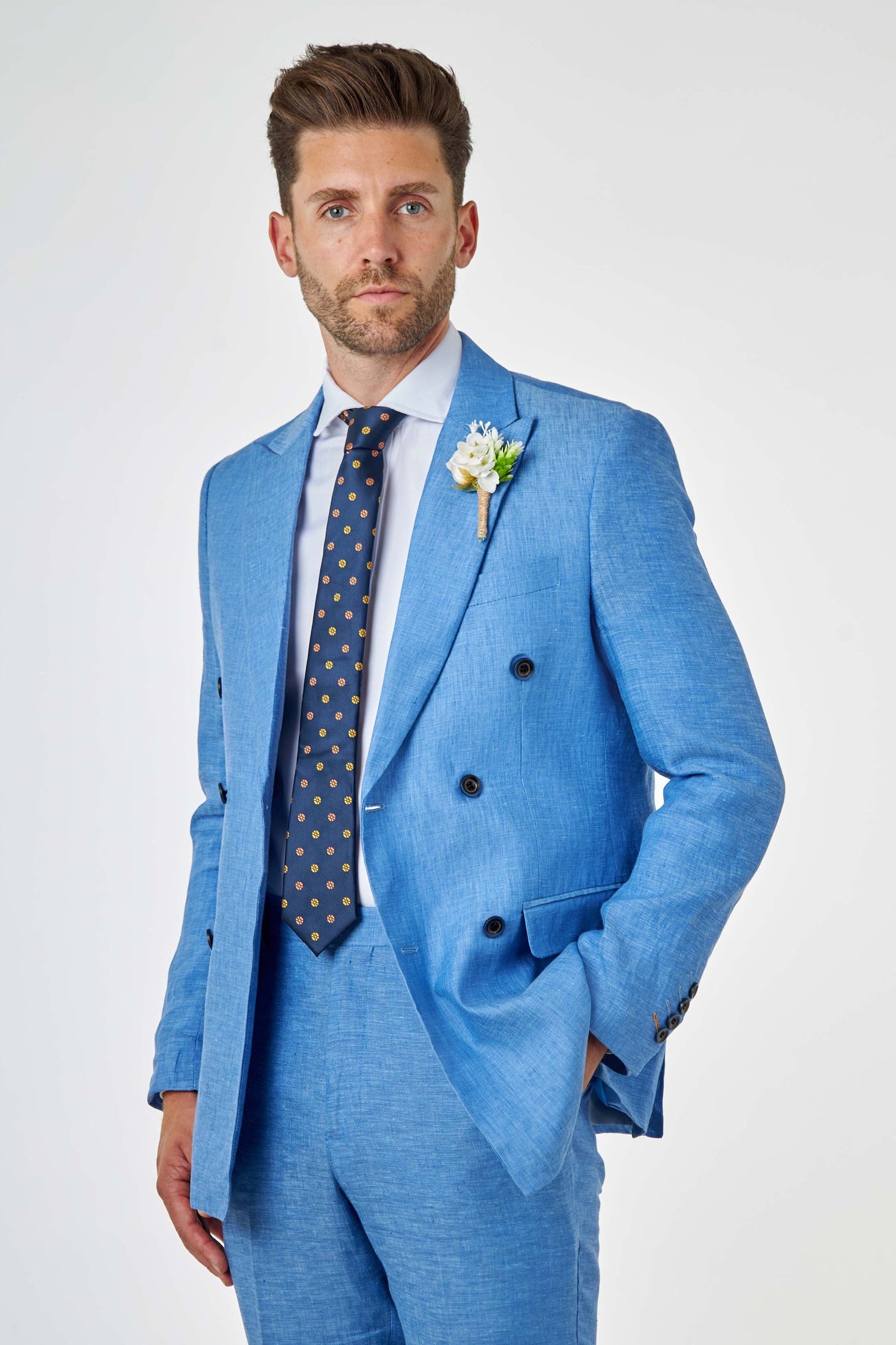 LEWIS - Tailored Fit Sky Blue Linen Double Breasted Suit Jacket