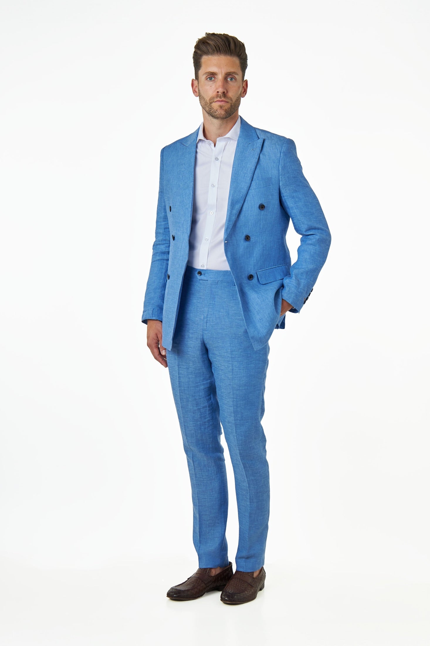 LEWIS - Tailored Fit Sky Blue Linen Double Breasted Suit Jacket