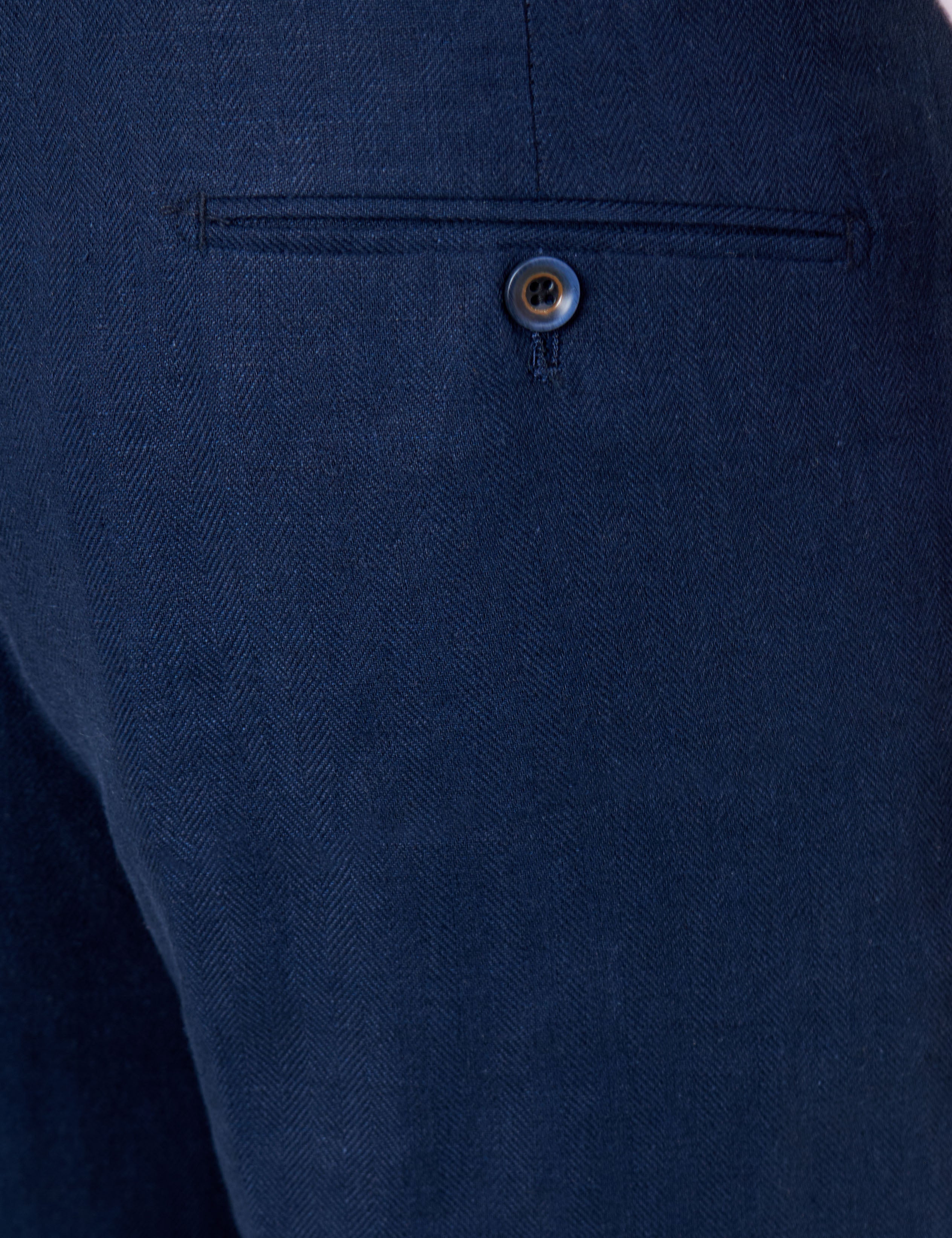 RAY - Navy Blue Herringbone Linen Suit Trousers Tailored Fit