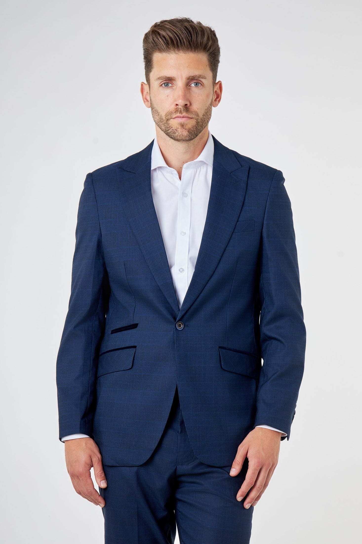 EKON – Navy Blue Prince of Wales Check Tailored Suit Jacket