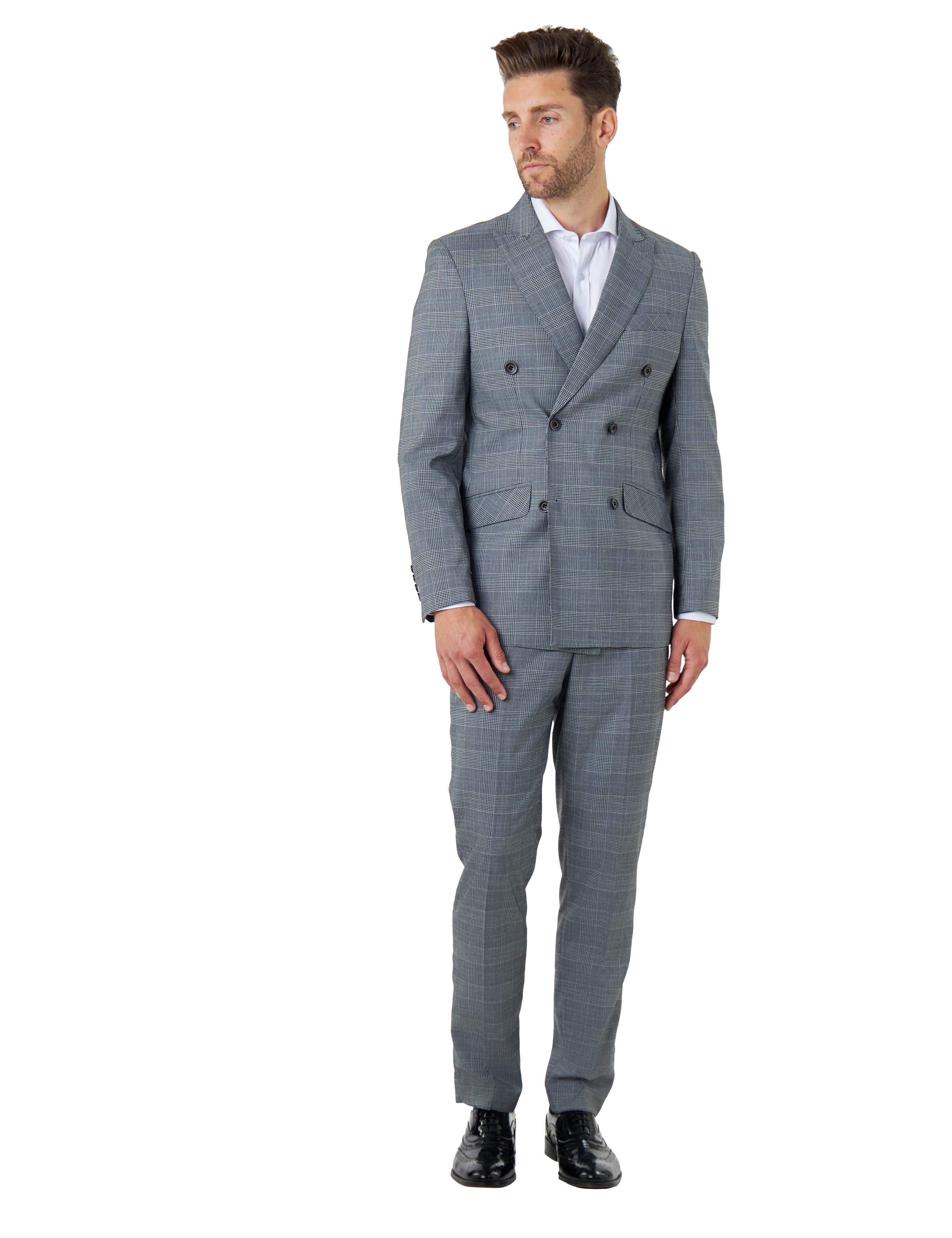 EKON – Grey Prince of Wales Check Double Breasted Suit Jacket