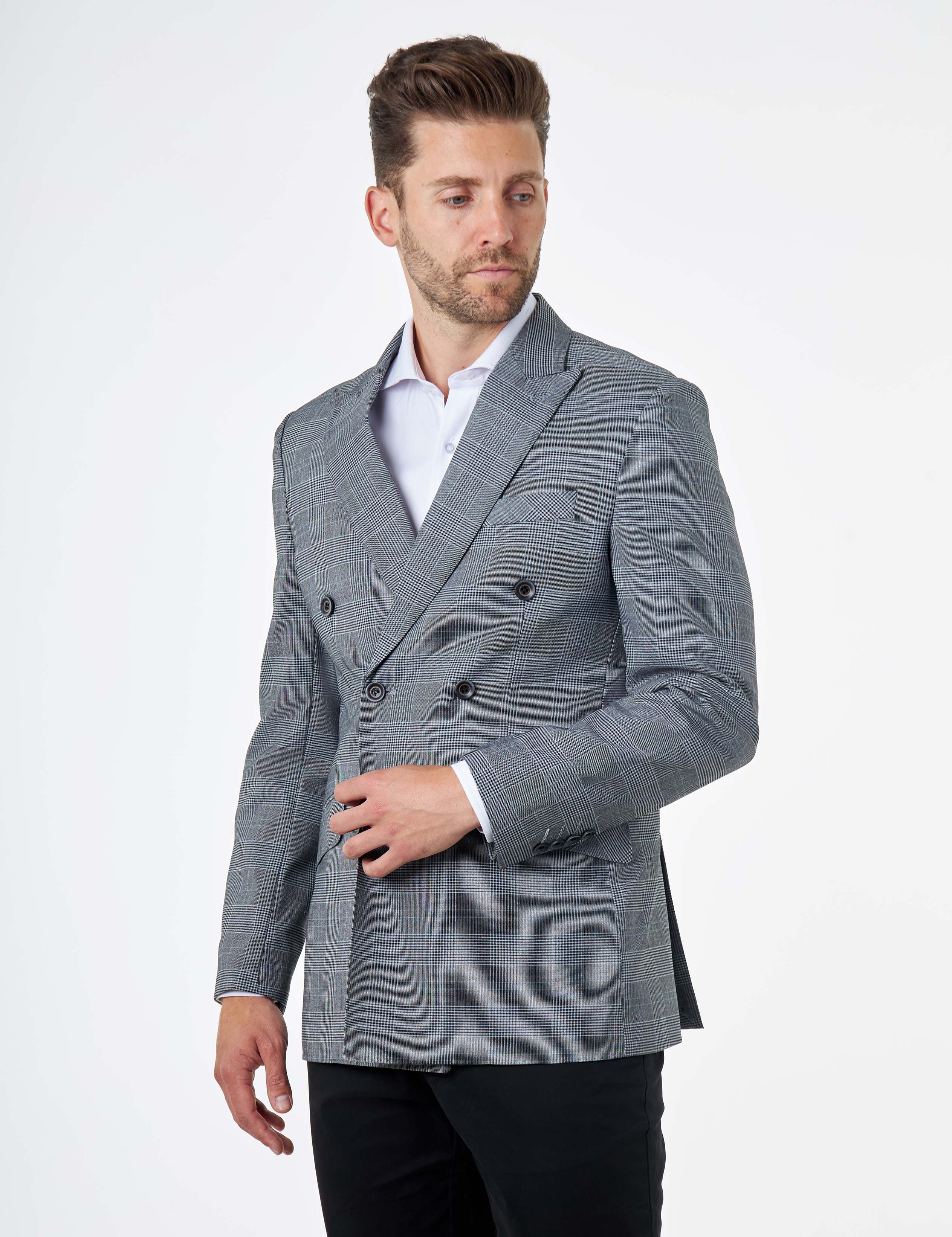 EKON – Grey Prince of Wales Check Double Breasted Suit Jacket