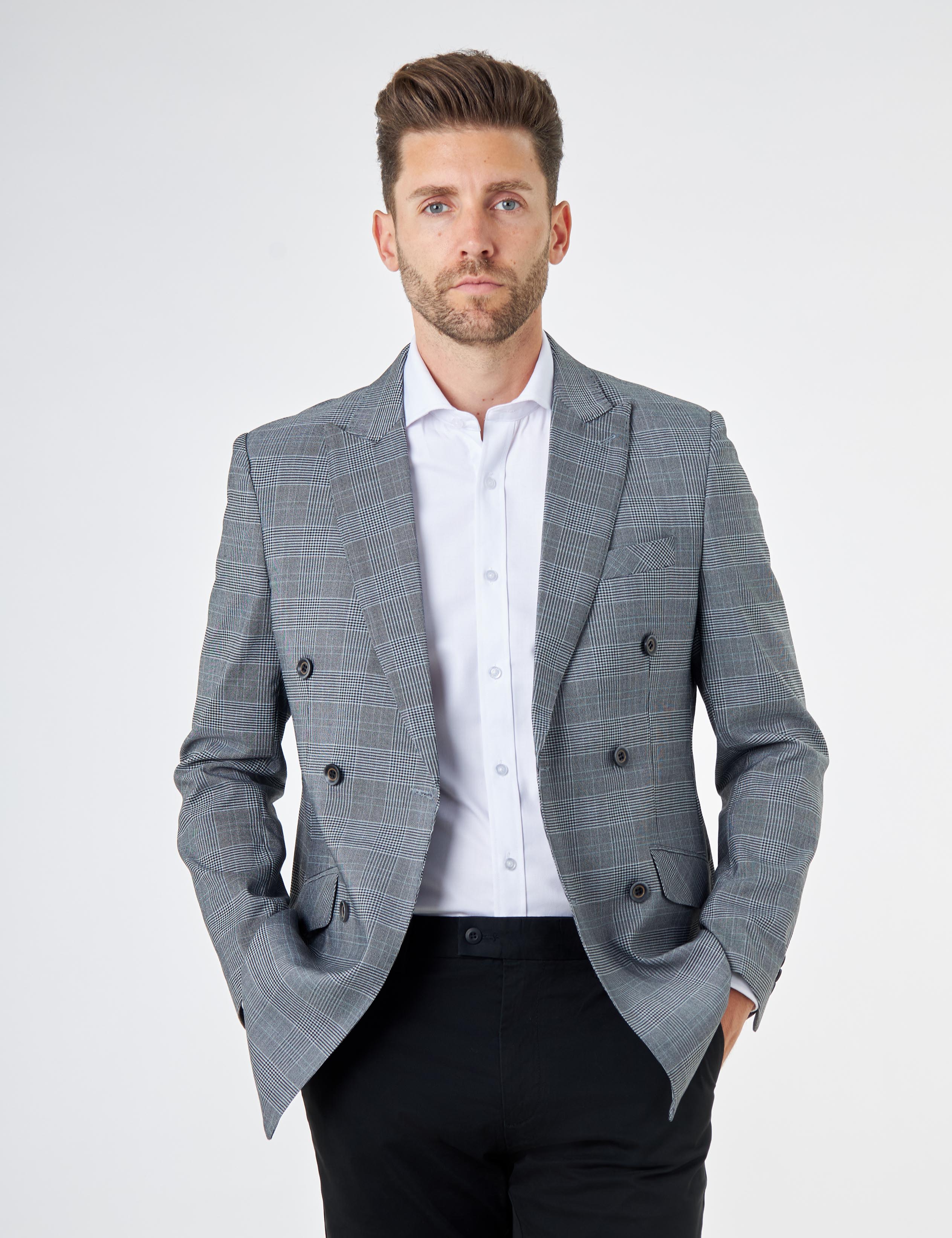 EKON – Grey Prince of Wales Check Double Breasted Suit Jacket