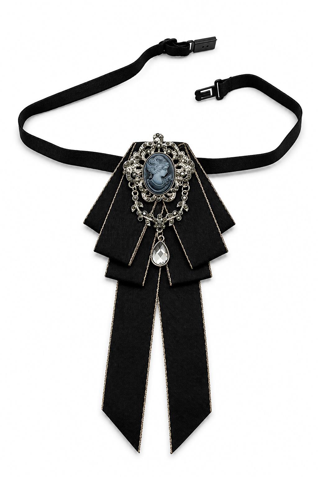 Men’s Black Cameo Jewelled Short Ribbon Brooch Bow Tie