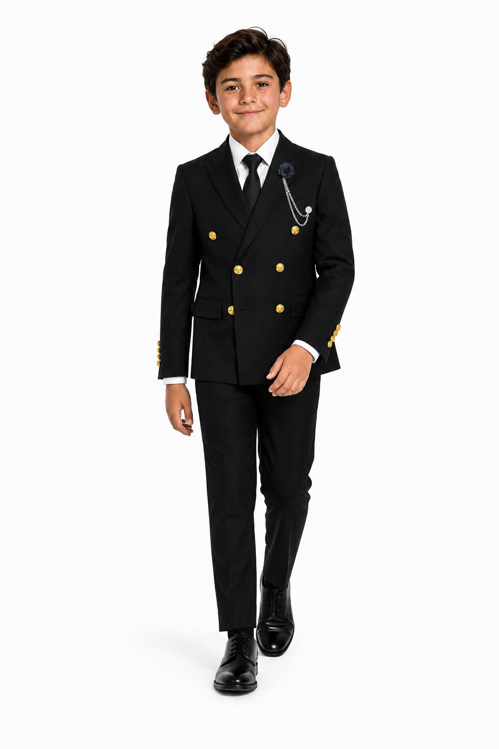 Boys Black Double Breasted 2 Piece Suit with Gold Buttons & Lapel Pin
