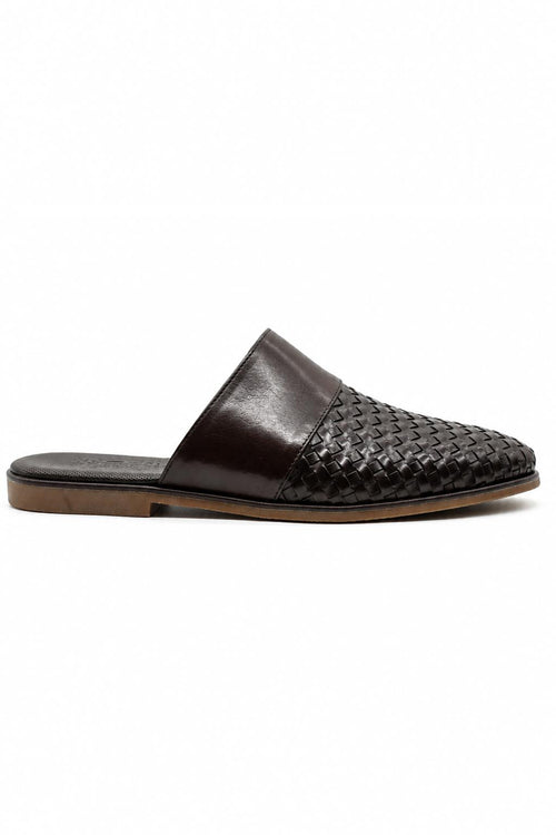 FINO Men’s Coffee Brown Woven Leather Mule Slippers