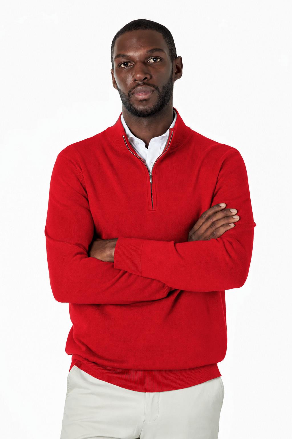 Men's Red 100% Cotton Fine Knit Quarter Zip Funnel Neck Jumper