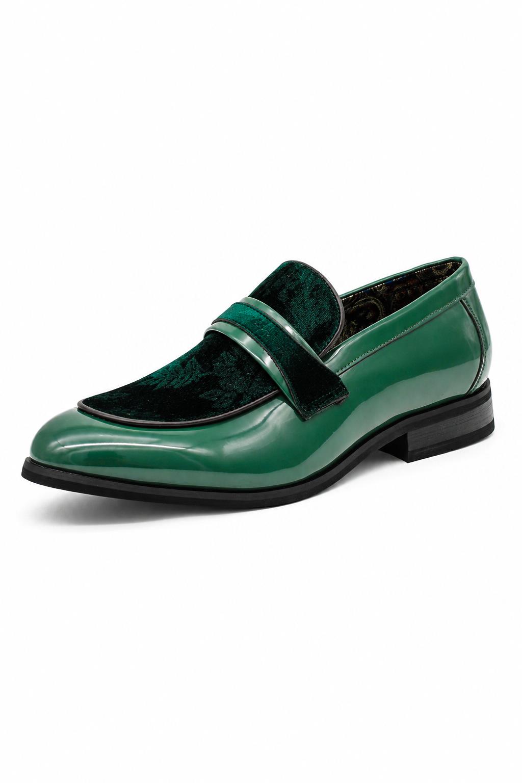 Men's Green Floral Velvet Patent Dress Loafers