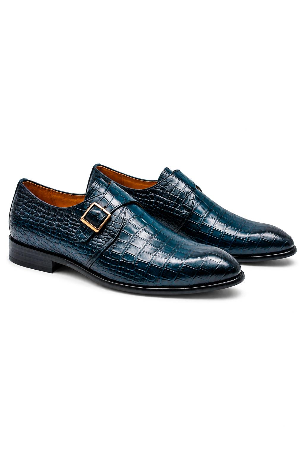 VALE Men’s Dark Blue Croc-Embossed Leather Monk Strap Shoes