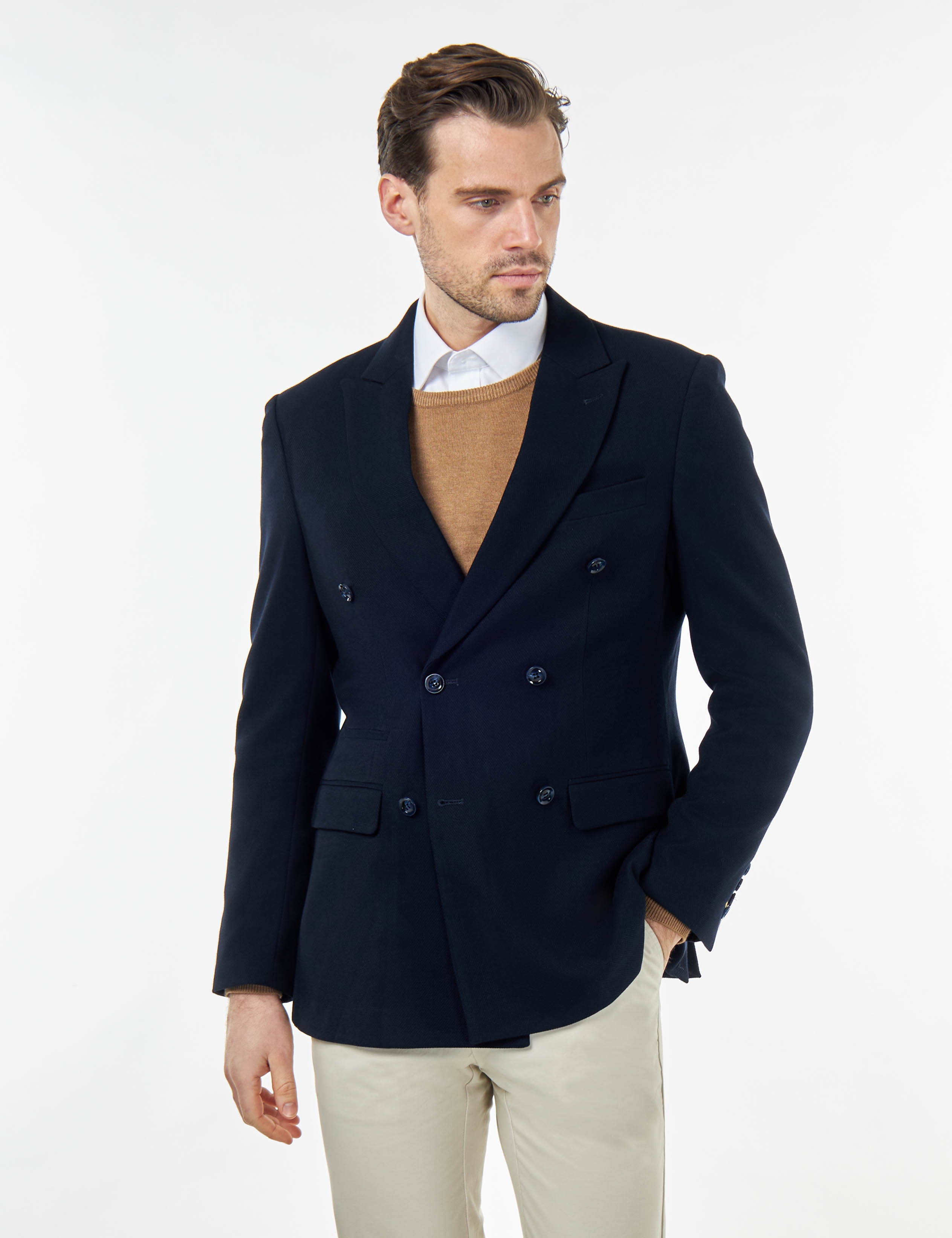 Zak - Navy Blue Tailored Double Breasted Jacket