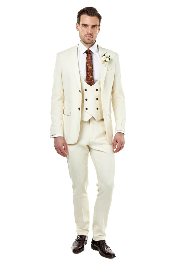Men's Cream Tailored 3 Piece Suit Ivory Honeycomb – XPOSED