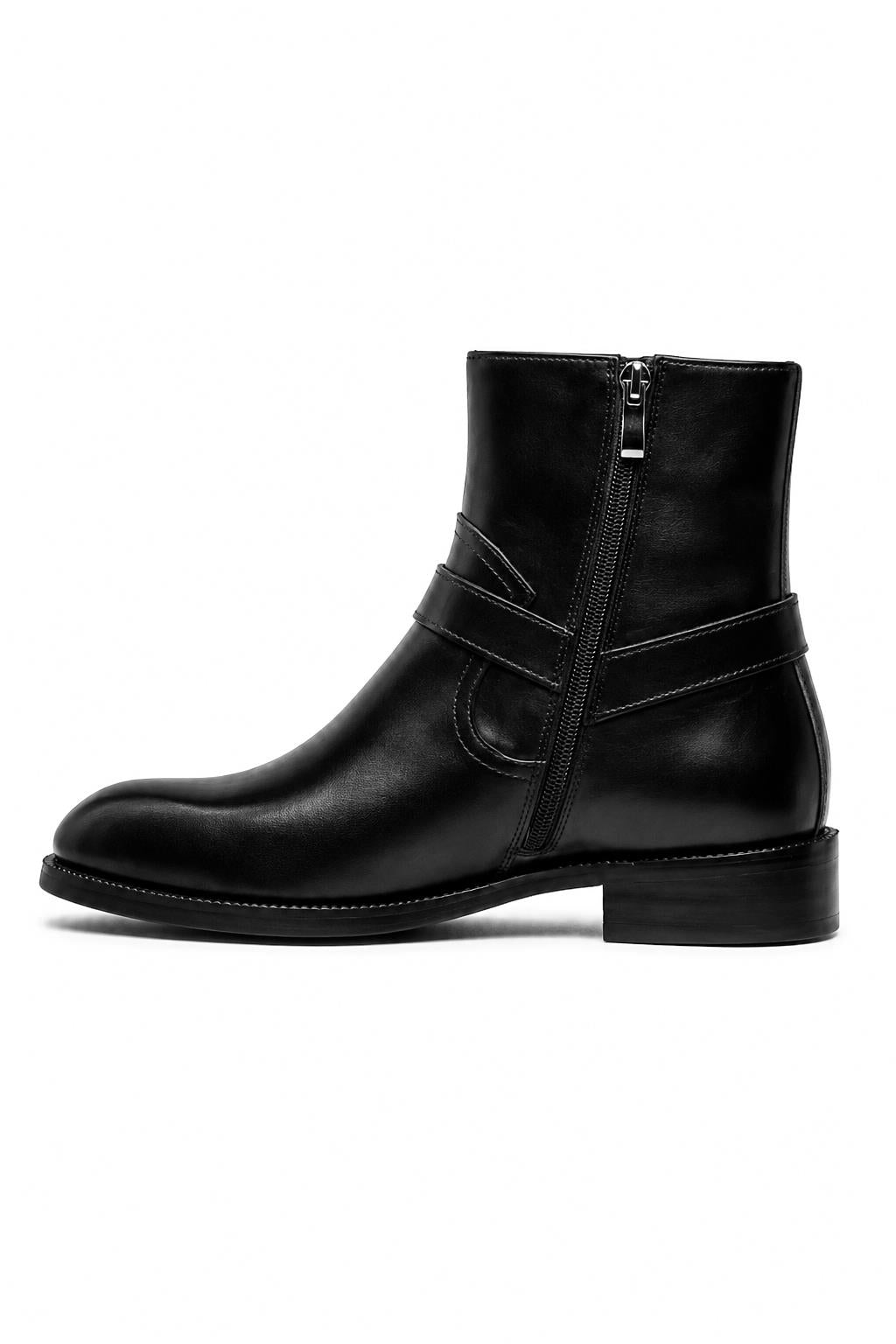 DIEGO Men’s Black Polished Leather Side Zip Ankle Biker Boots