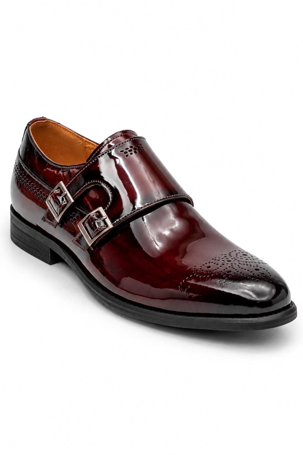 ROAN Men’s Maroon Glossy Patent Leather Monk Strap Dress Shoes