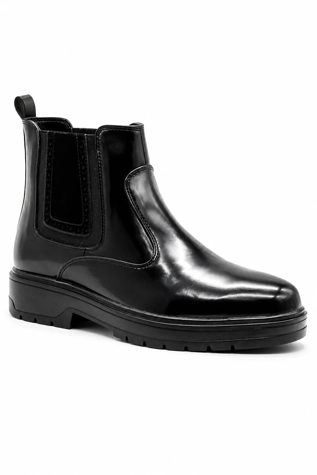 Men's Black Patent Faux Leather Retro Chelsea Boots Lug Sole