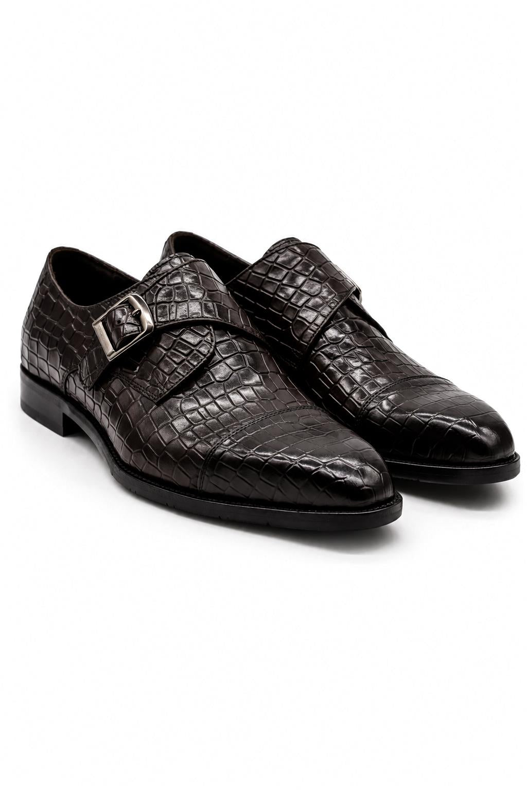ELAN - Men's Coffee Brown Croc Embossed Leather Single Monk Strap Shoes