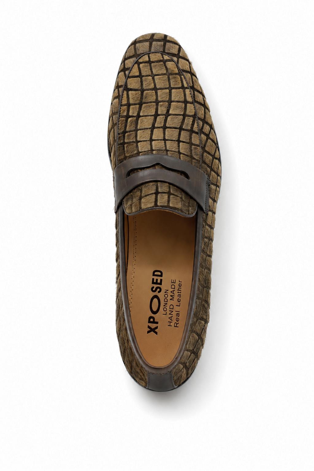 GINO Men’s Brown Patterned Horse Hair Leather Penny Loafers