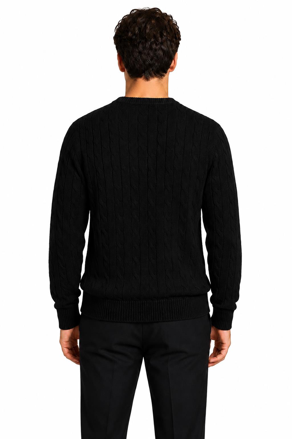 Men's Black 100% Cotton Fine Cable Knit Crew Neck Jumper