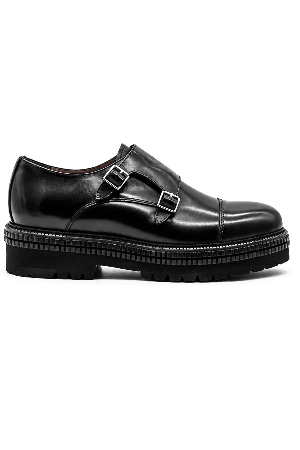 Men's Black Polished Leather Double Monk Strap Shoes - Chunky Sole