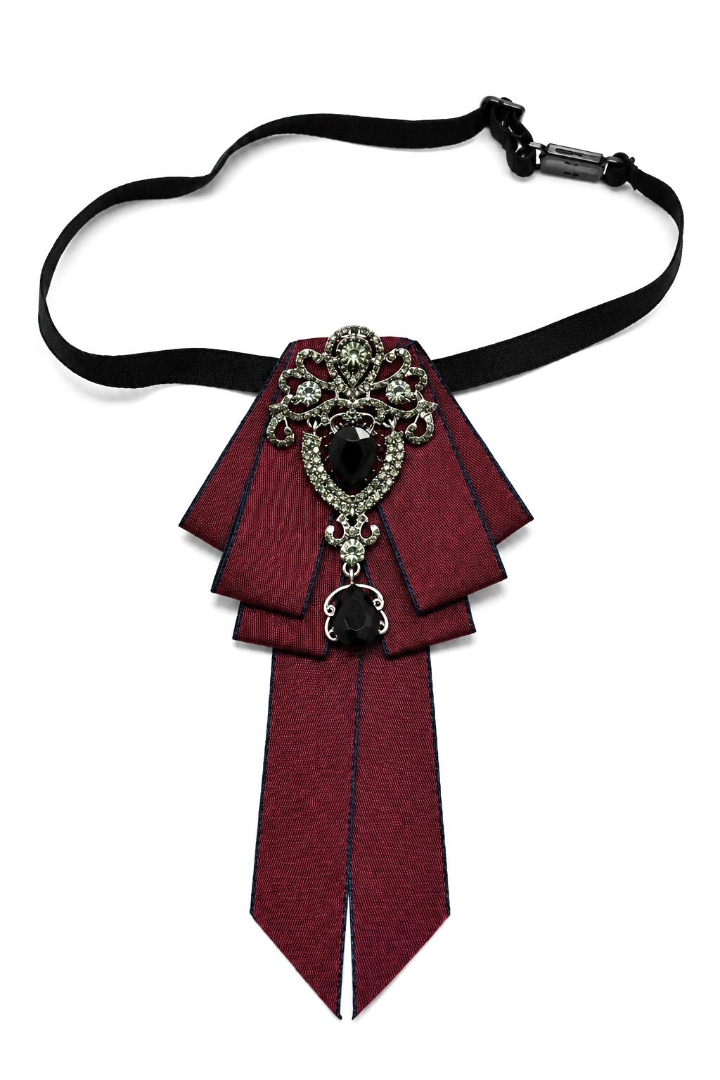 Men’s Maroon Jewelled Short Ribbon Wedding Brooch Bow Tie