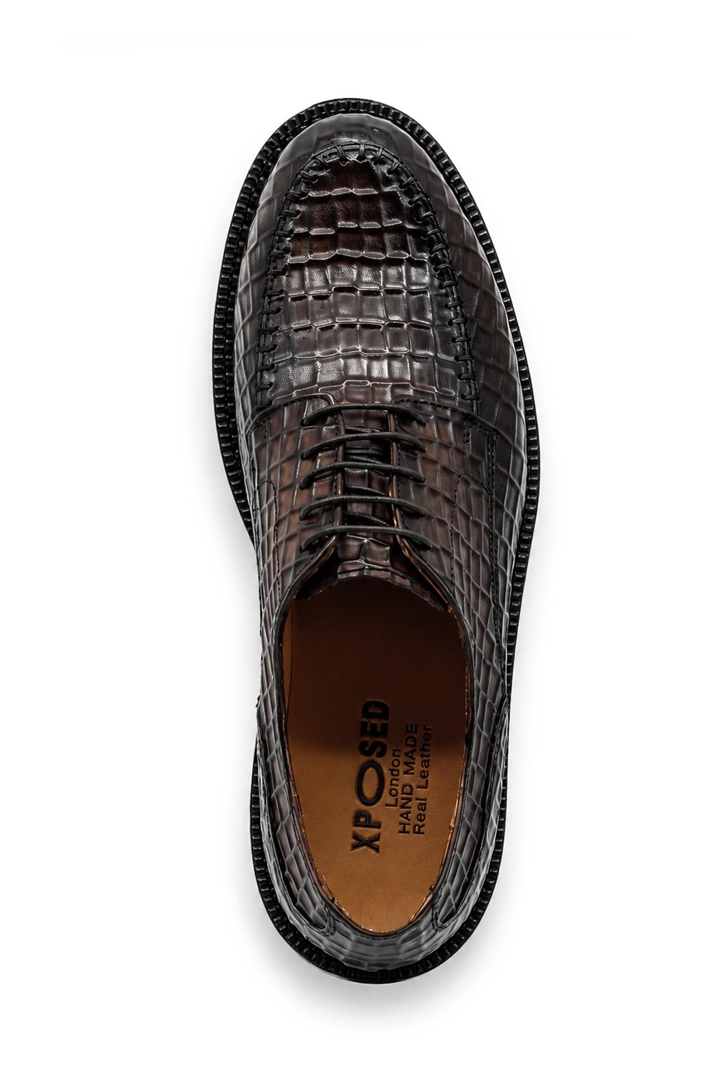 MARLOW Men’s Dark Brown Croc-Embossed Leather Moc-Toe Derby Shoes