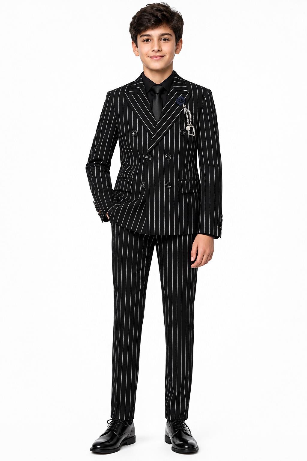 Boys Alfred Black & White Pinstripe Double Breasted 2 Piece Suit with Lapel Pin