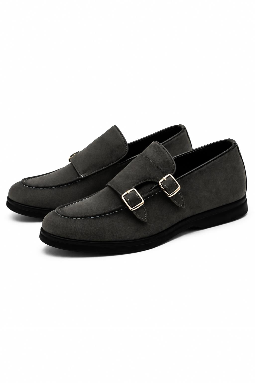 Men's Grey Faux Suede Double Monk Strap Loafers
