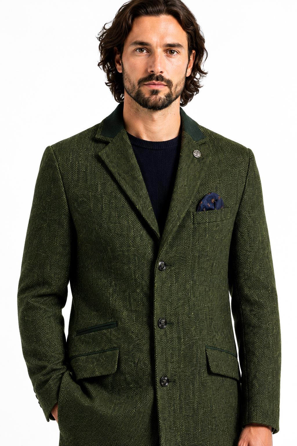 Men's Olive Green Herringbone Wool Blend Tailored Fit Overcoat