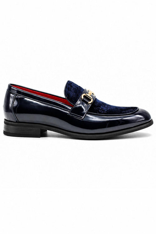 Men's Navy Floral Velvet Patent Snaffle Dress Loafers