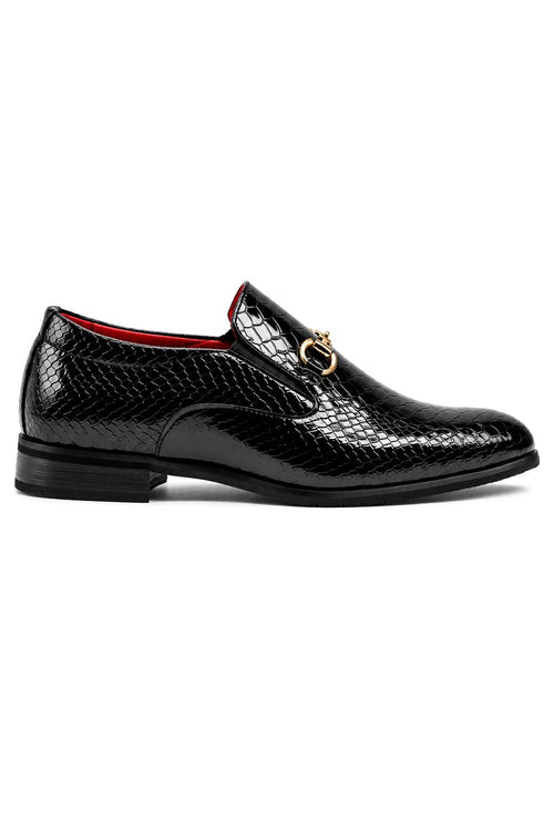 Men’s Black Patent Slip-On Loafers with Gold Snaffle Buckle