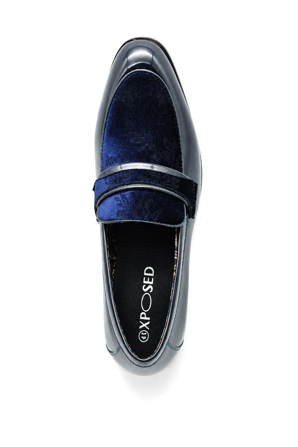 Men's Navy Floral Velvet Patent Dress Loafers