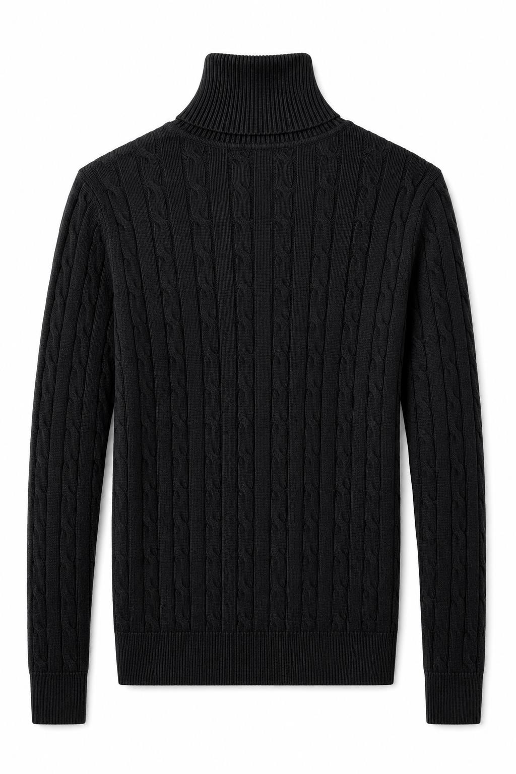 Men's Black 100% Cotton Fine Cable Knit Roll Neck Jumper