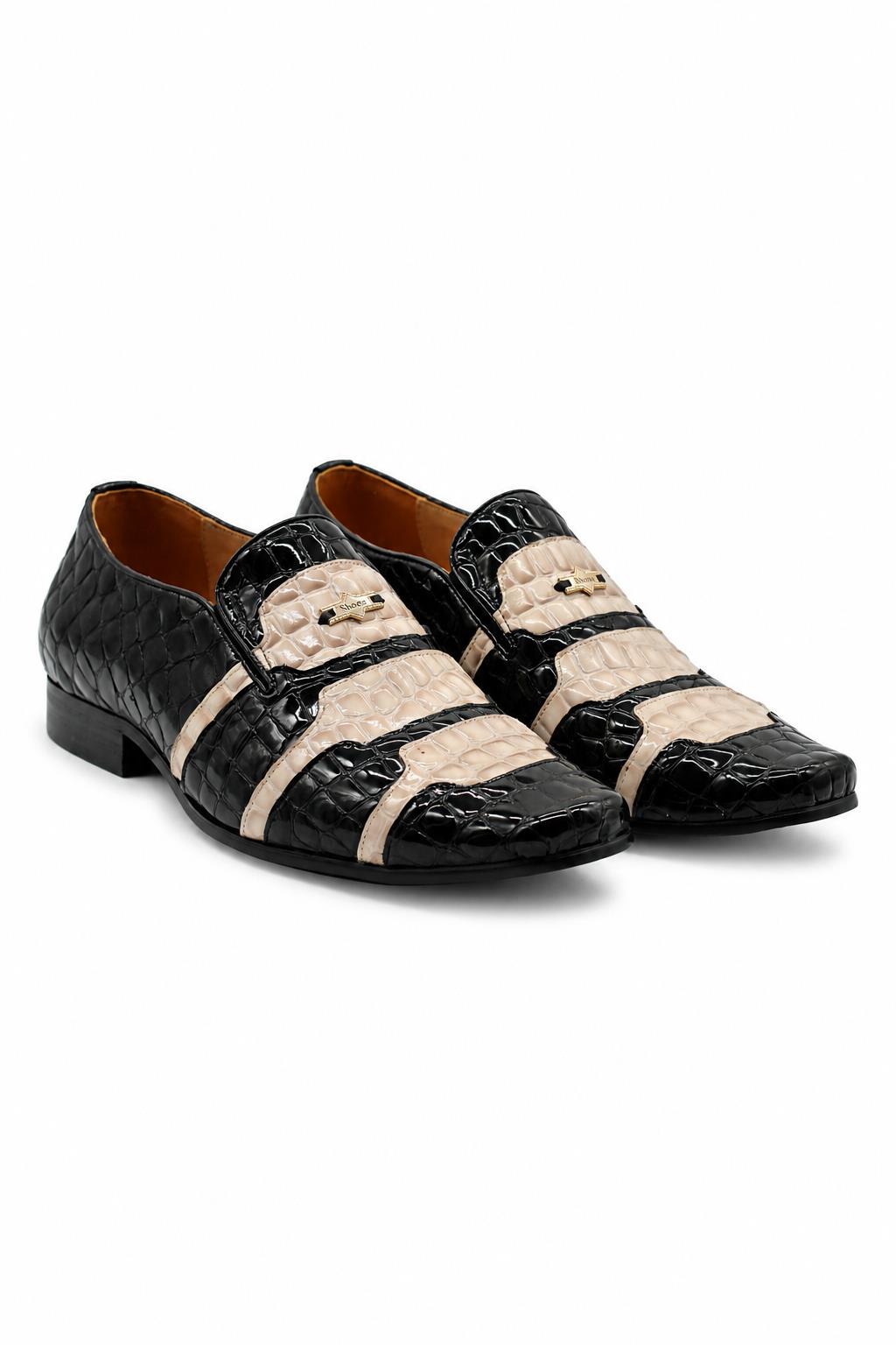 Men’s Black & Beige Shiny Patent Print Occasion Shoes