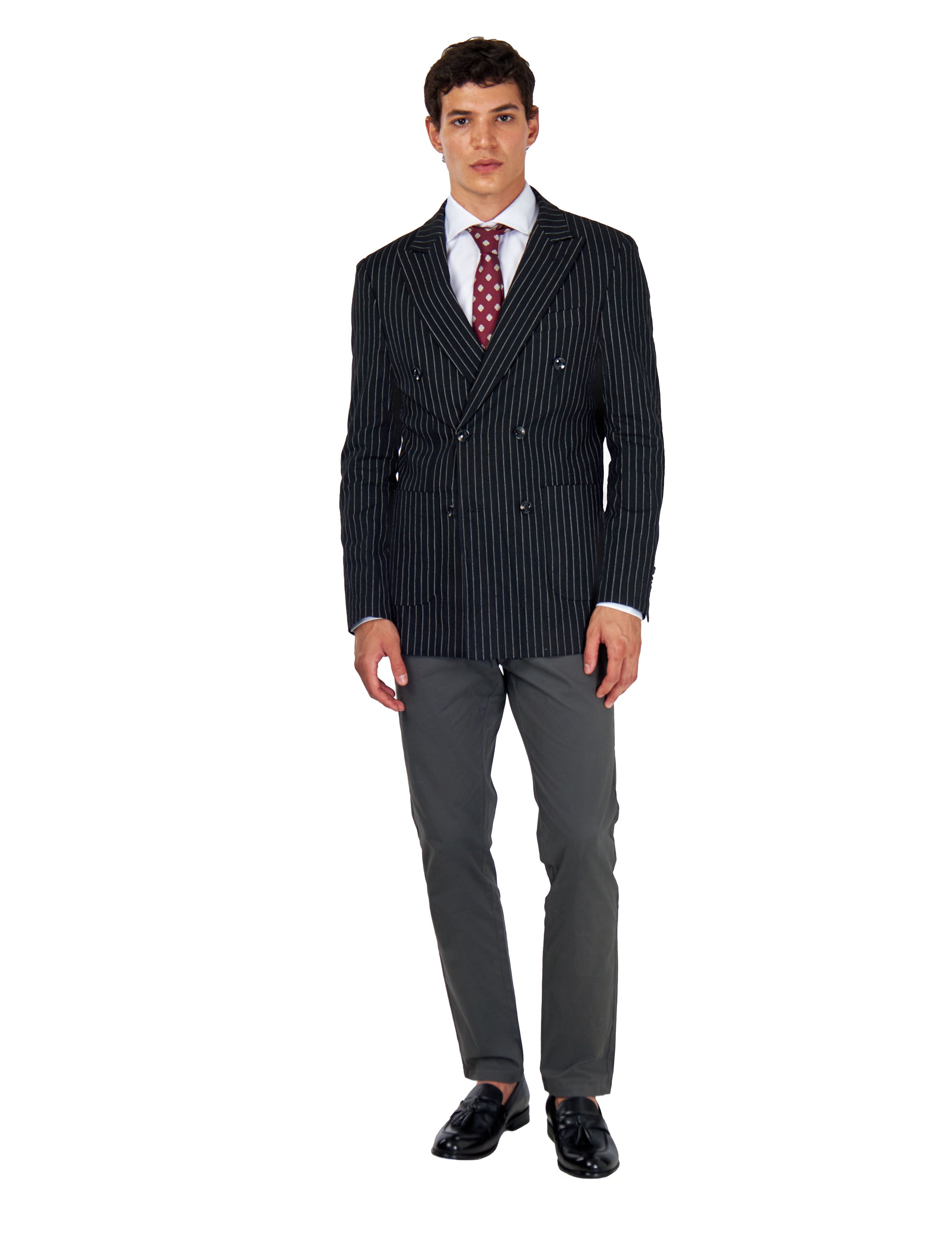 LLOYD – Double Breasted Linen Jacket In Black Pinstripes