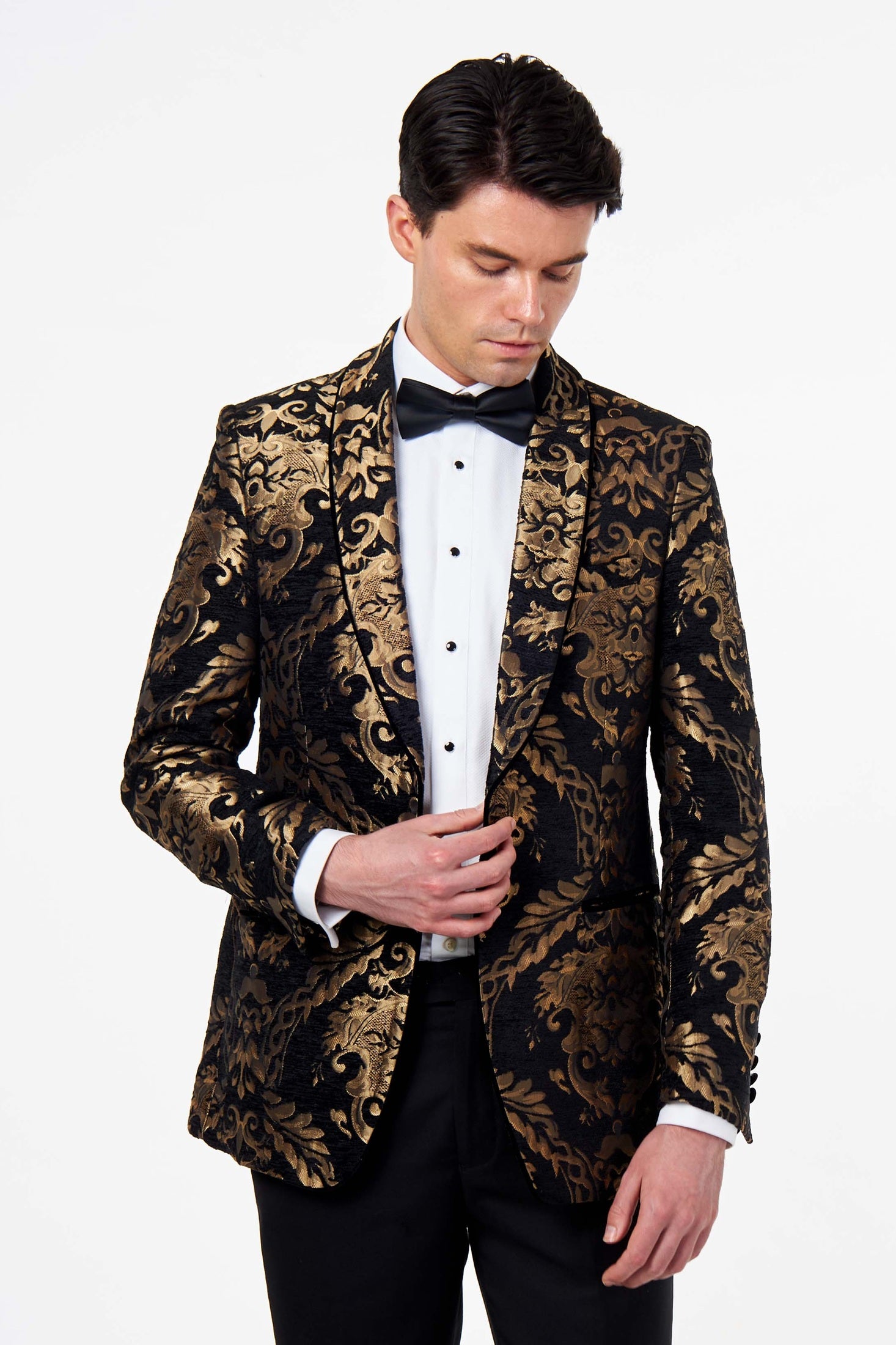 GLEN – BLACK GOLD BROCADE PAISLEY PRINT TUXEDO JACKET