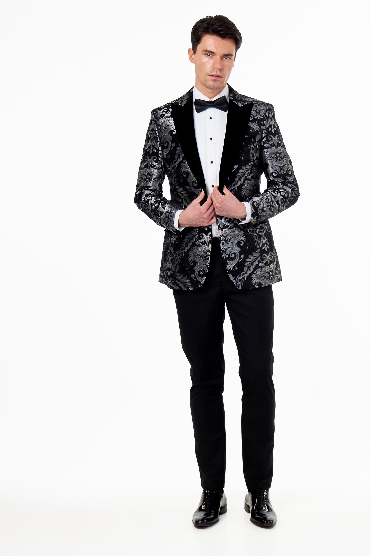 GLEN – SILVER GREY PAISLEY BROCADE PRINT TUX JACKET