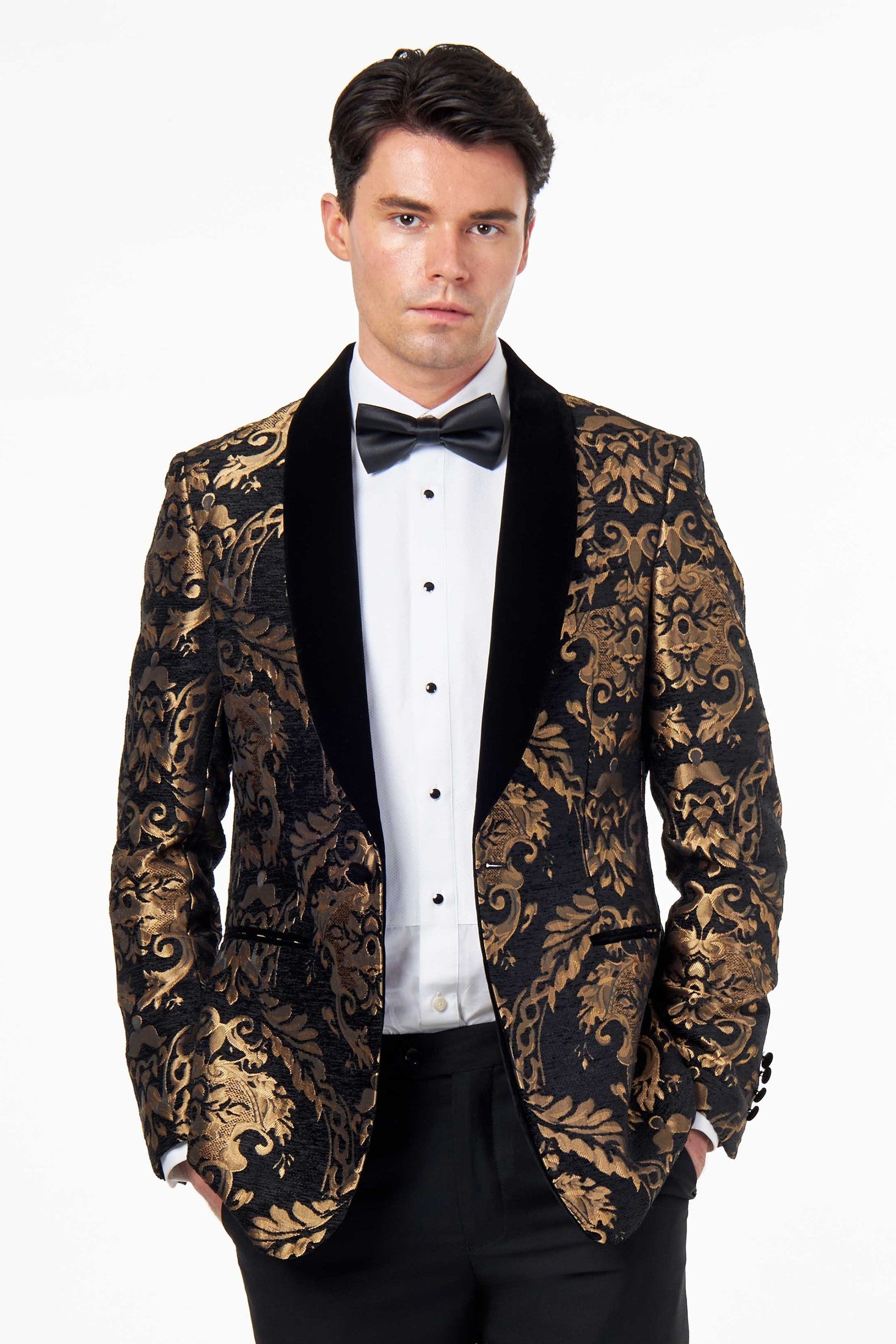 GLEN – TUXEDO JACKET GOLD ORNATE JACQUARD PRINT ON BLACK