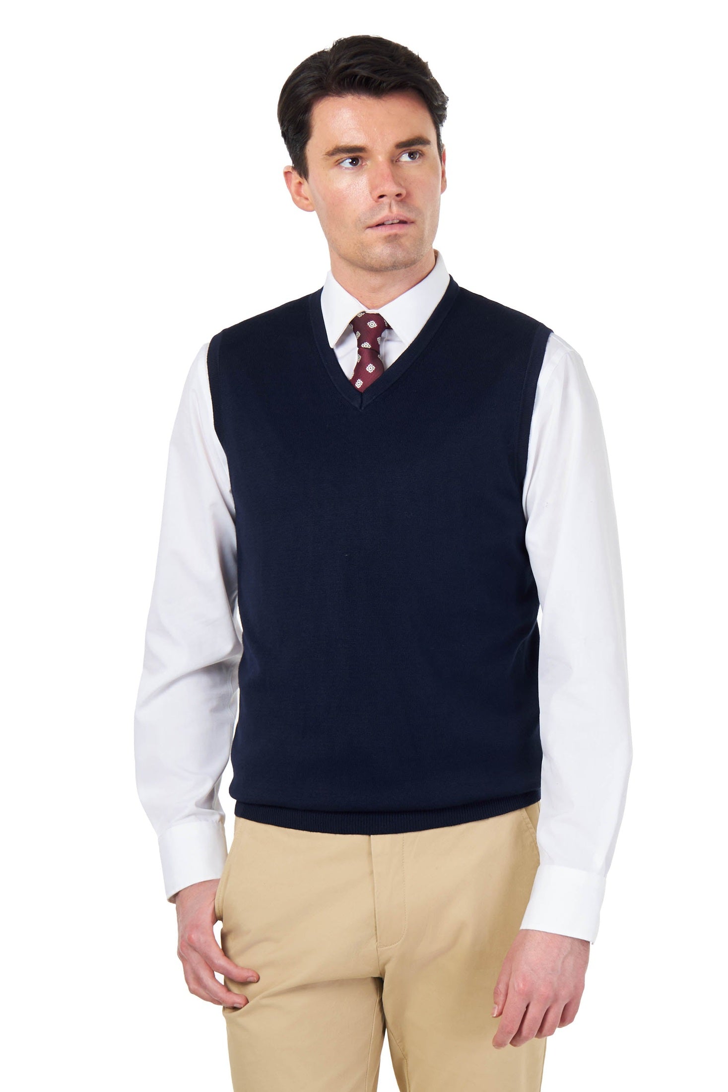KNITTED COTTON NAVY SLEEVELESS JUMPER V-NECK VEST