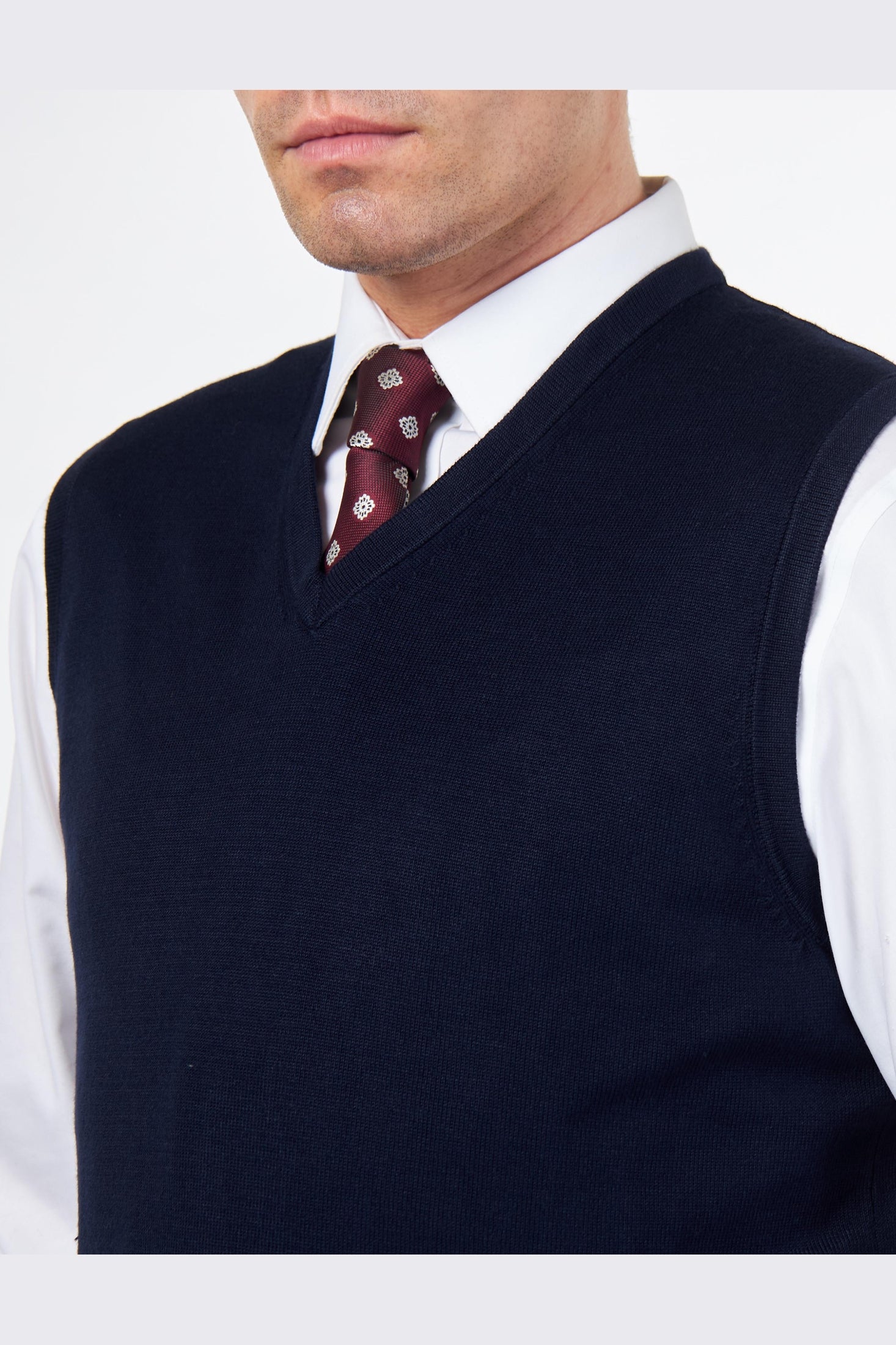 KNITTED COTTON NAVY SLEEVELESS JUMPER V-NECK VEST