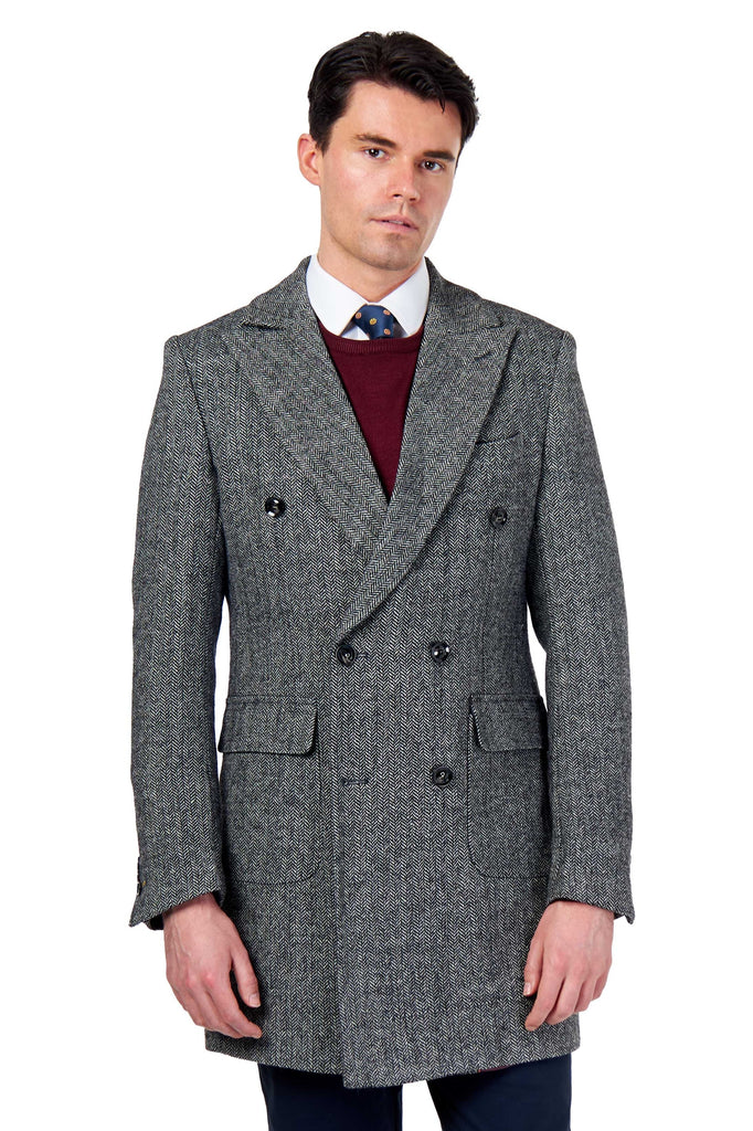Men's Grey Double Breasted Overcoat Wool Rich Herringbone Jacket