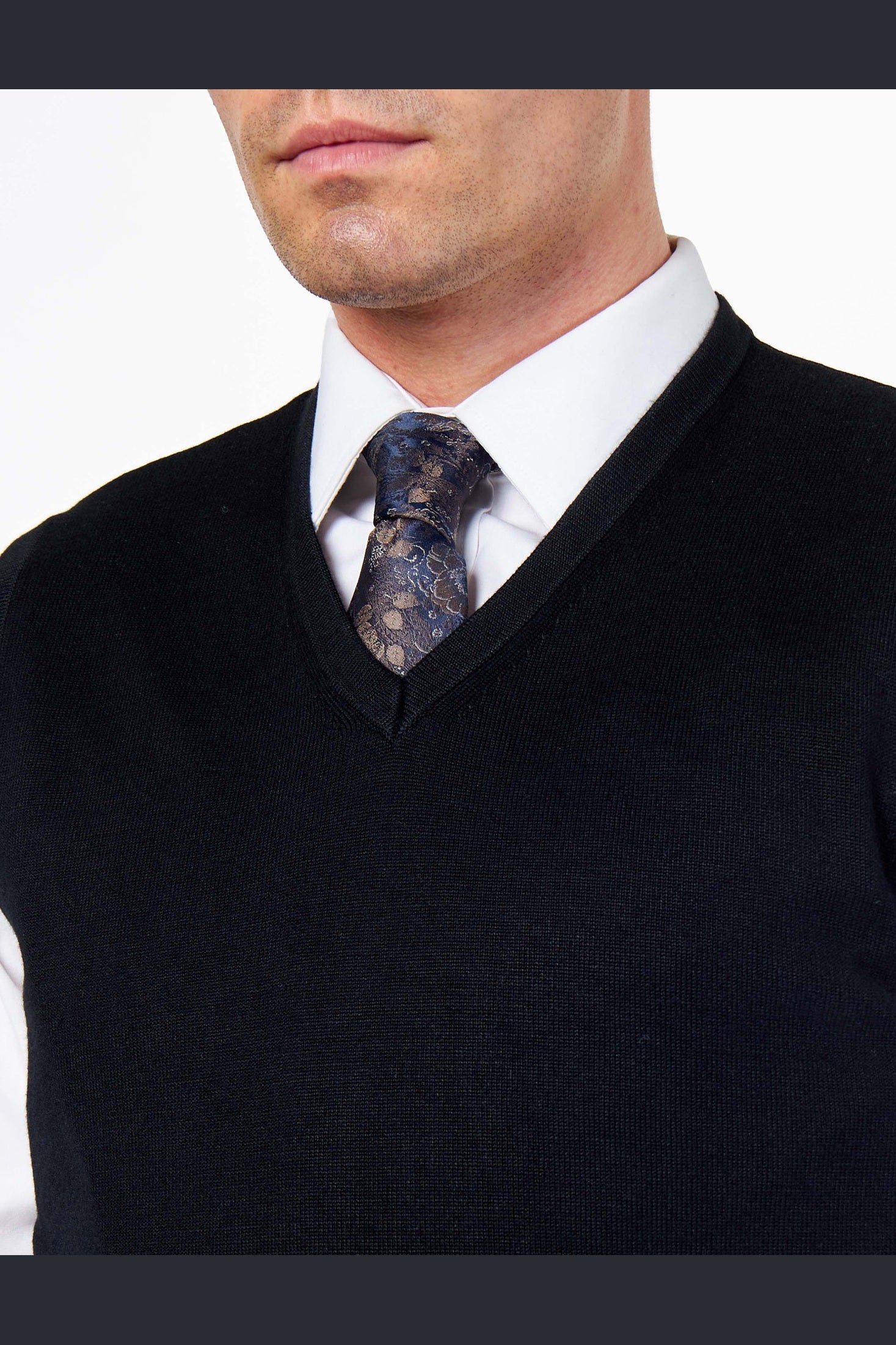 KNITTED COTTON BLACK SLEEVELESS JUMPER V-NECK VEST