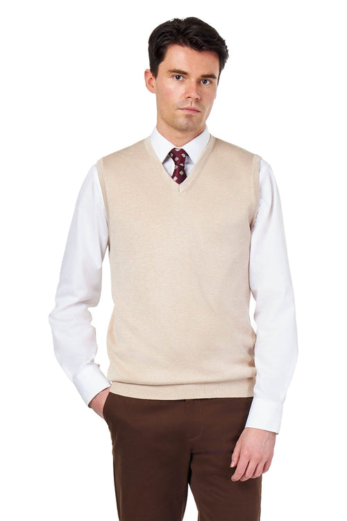 KNITTED COTTON CREAM SLEEVELESS JUMPER V-NECK VEST