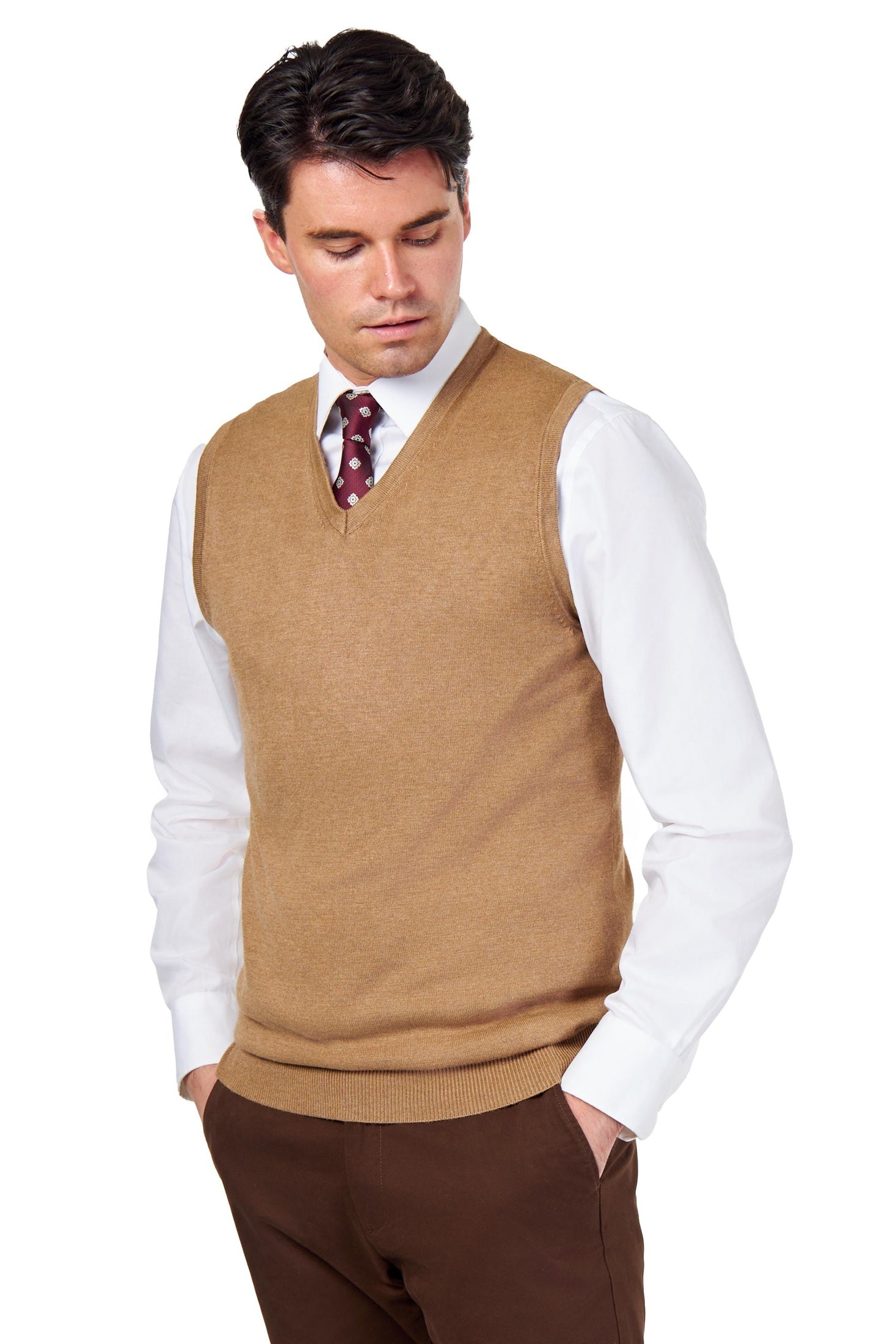 KNITTED COTTON CAMEL SLEEVELESS JUMPER V-NECK VEST