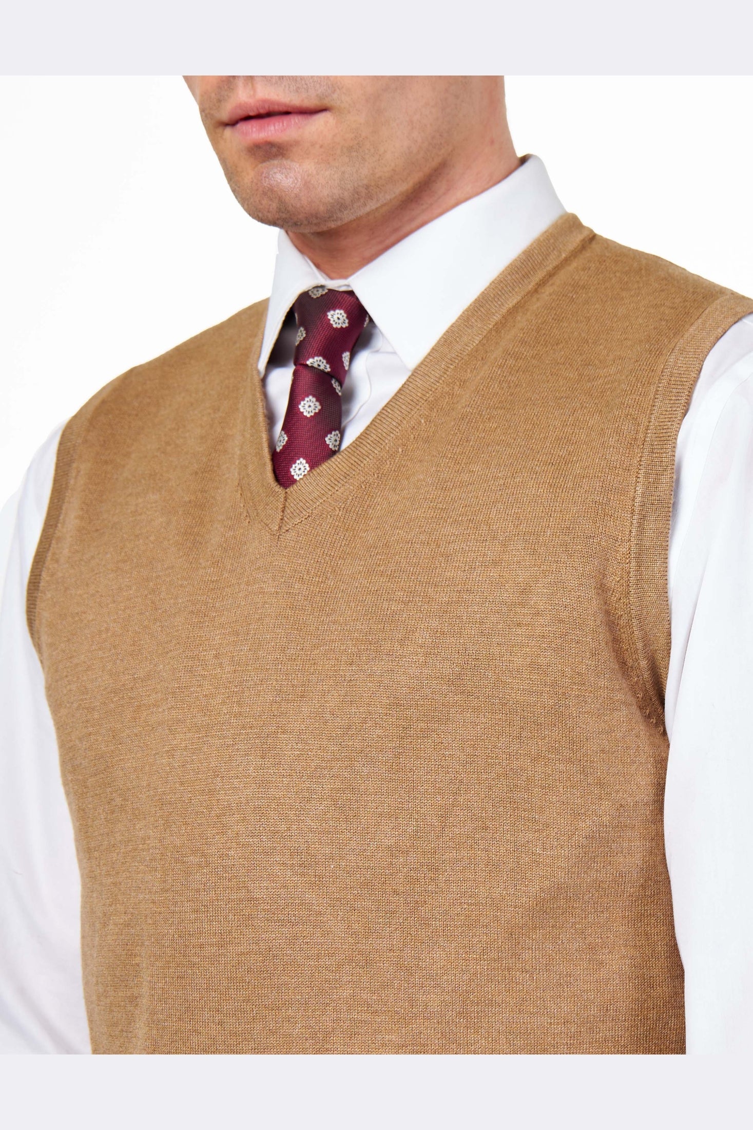 KNITTED COTTON CAMEL SLEEVELESS JUMPER V-NECK VEST