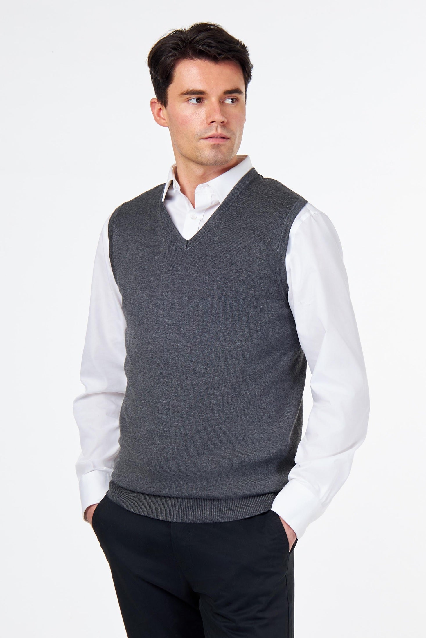 KNITTED COTTON CHARCOAL SLEEVELESS JUMPER V-NECK VEST