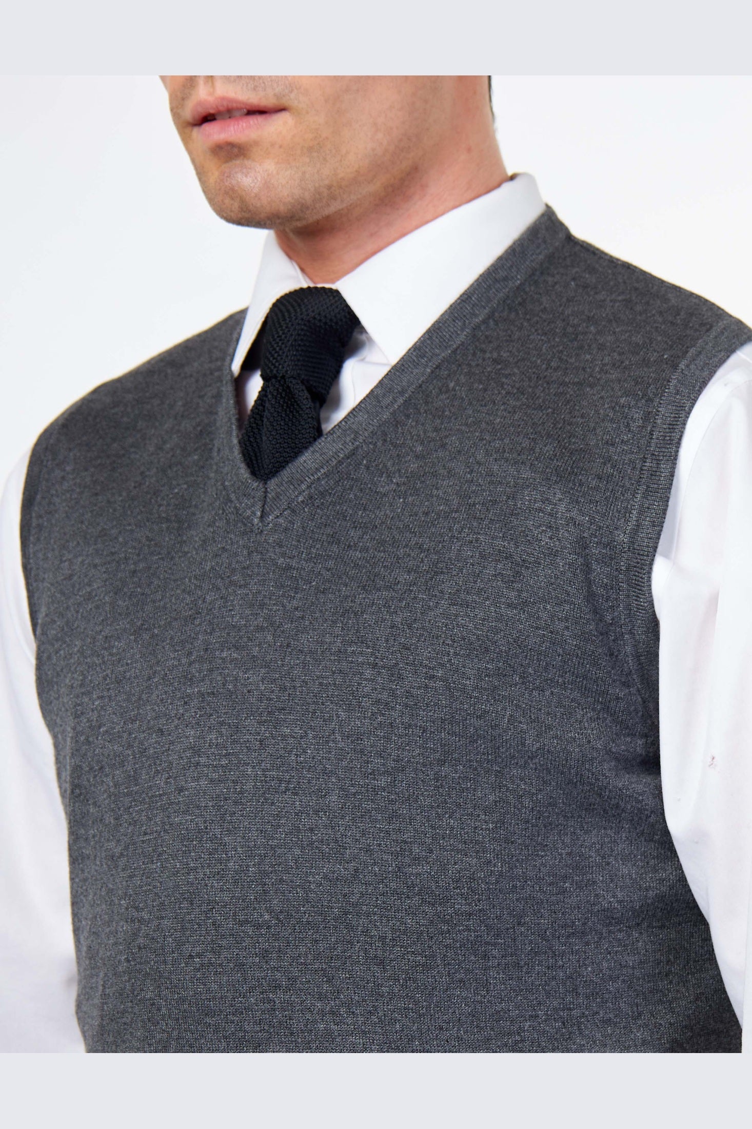 KNITTED COTTON CHARCOAL SLEEVELESS JUMPER V-NECK VEST